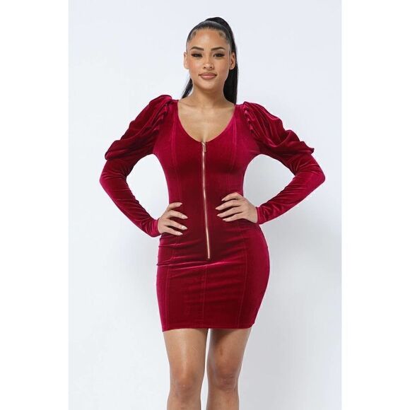 Red Velvet Puff Sleeve V neck Winter Dress - Picture 1 of 6
